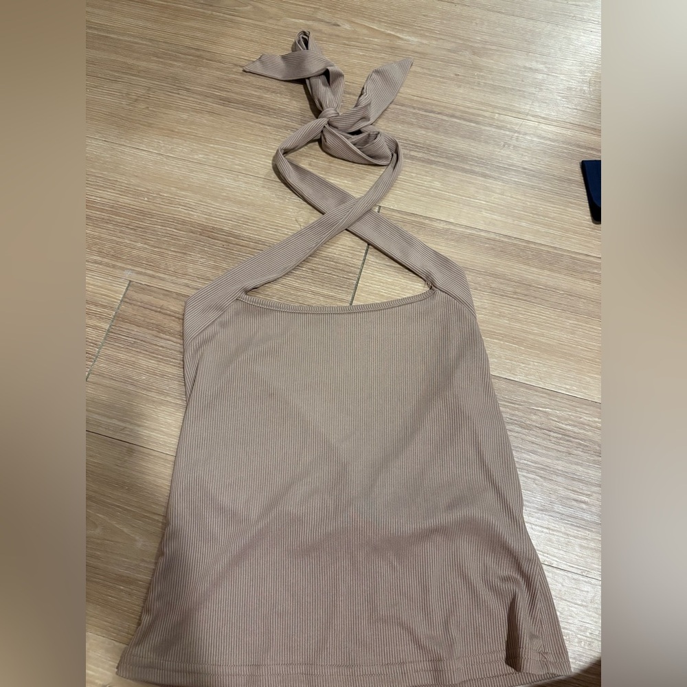 Brown ribbed crisscross tie halter neck top